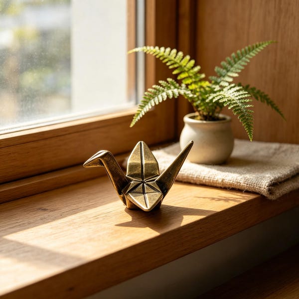 Vintage Brass Origami Crane Figurine – Antique Bird Sculpture, Zen Desk Decor, Peaceful Housewarming Gift