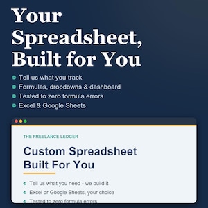May include: A dark blue digital graphic advertisement for custom spreadsheet services. Text reads: Your Spreadsheet, Built for You, The Freelance Ledger, Excel & Google Sheets, and Custom Spreadsheet Built For You, with bulleted feature lists.
