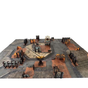 Puede incluir: Un tapete de juego de mesa que presenta un paisaje industrial postapocalíptico con texturas de hormigón gris, escombros de color naranja oxidado, ruinas dispersas y varias barricadas estructurales dispuestas sobre una superficie plana.