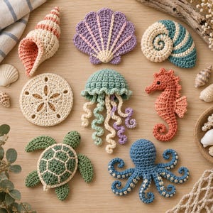 May include: A collection of eight crocheted sea creatures and shells including a spiral shell, a purple scallop, a teal nautilus, a sand dollar, a jellyfish with curly tentacles, a coral seahorse, a green sea turtle, and a blue octopus.