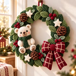 Crochet Christmas Wreath Pattern, Teddy Bear Amigurumi Wreath PDF, Holiday Door Decor, Tartan Bow and Pinecone Crochet Tutorial