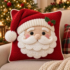 Könnte beinhalten: Ein quadratisches Häkelkissen mit einer roten Weihnachtsmannmütze, einem weißen Bommel und einem weißen Rand. In der Mitte befindet sich ein gehäkeltes Weihnachtsmanngesicht mit weißem Bart, Schnurrbart, Augenbrauen, schwarzen Augen und Stechpalme.