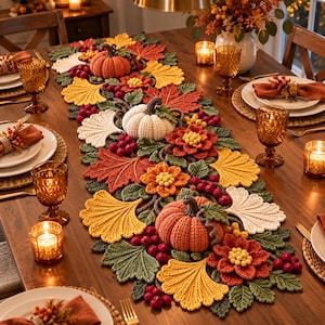 Padrão de Caminho de Mesa de Crochê para Outono, Centro de Mesa Floral de Abóbora em PDF, Decoração de Mesa para Jantar de Ação de Graças no Outono