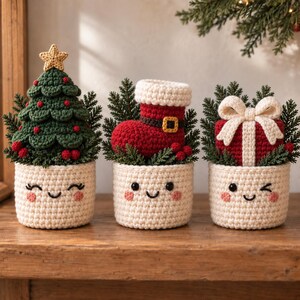 Crochet Pot Bundle Pattern Christmas, 3 Cute Planter Designs, Tree Santa Boot and Gift, Holiday Decor PDF