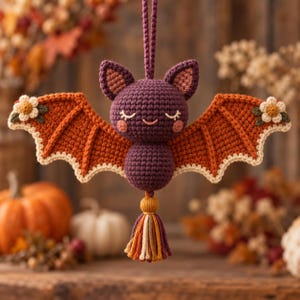 May include: A crocheted bat ornament in dark purple with rust-orange wings, featuring embroidered closed eyes, a small smile, and pink cheeks. Each wing is decorated with a small white flower. A multi-colored tassel hangs from the bottom.