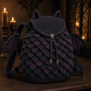 Può includere: Uno zaino all'uncinetto grigio scuro e viola con una trama a scaglie, due orecchie a punta sulla patta superiore e due ali da pipistrello sui lati. La borsa include una chiusura a coulisse con dettagli metallici e spallacci regolabili.