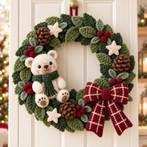 Crochet Christmas Wreath Pattern, Teddy Bear Amigurumi Wreath PDF, Holiday Door Decor, Tartan Bow and Pinecone Crochet Tutorial
