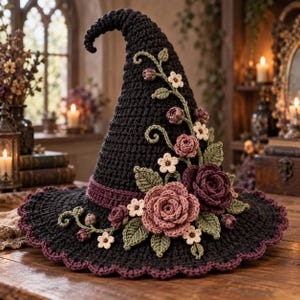 May include: A black crocheted pointed hat featuring a dark purple band and a decorative arrangement of crocheted flowers in shades of dusty rose, cream, and deep burgundy, accented with green crocheted leaves and vines along the side.