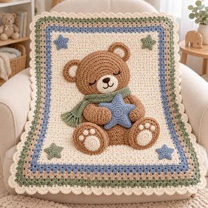 Crochet Teddy Bear Baby Blanket Pattern, Star Nursery Afghan PDF, Cute Newborn Crib Throw, Baby Shower Gift, Instant Download