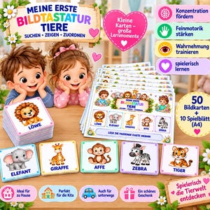 Könnte beinhalten: Ein Set aus Lernkarten mit Tiermotiven namens MEINE ERSTE BILDTASTATUR TIERE, bestehend aus 50 Bildkarten und 10 A4-Spielblättern. Die Karten zeigen bunte Illustrationen von Löwe, Elefant, Giraffe, Affe, Zebra und Tiger mit entsprechenden Texten.