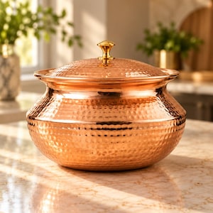 Hand Hammered Copper Handi with Lid, Steel Interior Cooking and Serving Pot