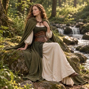 May include: A long olive green hooded cloak worn over a dark green dress with cream-colored long sleeves and a brown leather corset with a front buckle and lace-up detailing. The ensemble includes a long, flowing cream-colored skirt.