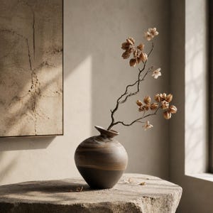 Pode incluir: Um vaso de cerâmica redondo de cor castanho-escuro com um acabamento suave e rodopiante e uma borda alargada. Um ramo fino e escuro com pequenas vagens de sementes castanho-claras e flores cor-de-rosa pálido sai da abertura do vaso.