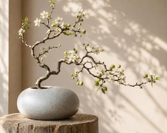 May include: A smooth, light gray, oval-shaped ceramic vase holds a curved, woody branch featuring small white blossoms and green buds. The vase has a wide, rounded body with a small circular opening at the top, showcasing a natural, textured finish.