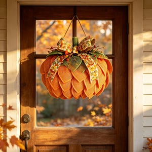 Peut inclure: Une couronne de porte en forme de citrouille composée de pétales en maille orange superposés. Le sommet présente une tige verte, des feuilles en maille vert foncé et un ruban décoratif imprimé de petites citrouilles et de feuillage automnal.