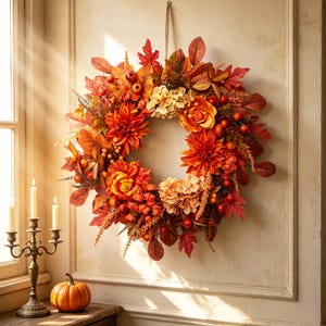 Peut inclure: Une couronne décorative circulaire composée d'un arrangement dense de feuillage d'automne artificiel, incluant des feuilles d'érable orange et rouges, des dahlias orange foncé, des roses jaunes, des baies rouges et des fleurs d'hortensia beige.