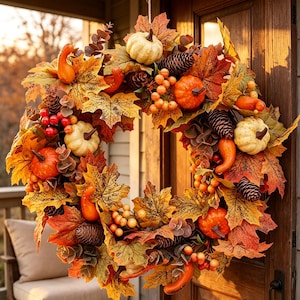 May include: A circular autumn wreath featuring a mix of orange and yellow maple leaves, small white and orange pumpkins, brown pinecones, clusters of orange berries, and curved orange gourds arranged in a dense, layered foliage design.
