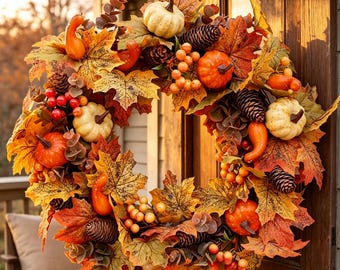 May include: A circular autumn wreath featuring a mix of orange and yellow maple leaves, small white and orange pumpkins, brown pinecones, clusters of orange berries, and curved orange gourds arranged in a dense, layered foliage design.