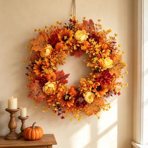 Puede incluir: Una corona de otoño circular que presenta calabazas naranjas, girasoles amarillos, dalias de color rojo intenso y hojas de arce marrones. La corona está construida con follaje de colores otoñales y pequeñas flores amarillas.