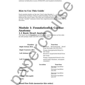 May include: A black and white educational document titled Telemetry Technician Study Guide. The text outlines cardiac anatomy, listing four heart chambers and four valves with their specific functions, including the right atrium, right ventricle, left atrium, left ventricle, tricuspid, pulmonic, mitral, and aortic valves.
