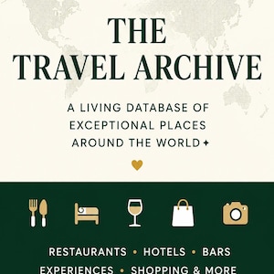 May include: A cream-colored poster titled THE TRAVEL ARCHIVE with a world map graphic, gold star and heart icons, and dark green text. It lists categories including restaurants, hotels, bars, experiences, and shopping with corresponding icons.