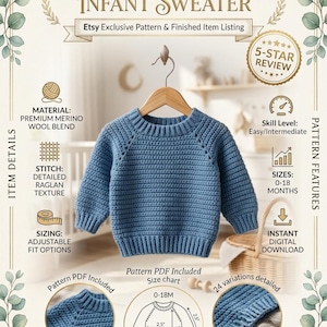 May include: A blue crochet raglan infant sweater with long sleeves and ribbed cuffs, neckline, and hem. The image includes text detailing a premium merino wool blend, sizes 0-18 months, and a diagram showing measurements of 2.5 inches and 15 inches.