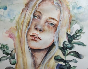 Original Artwork, Watercolor Painting, Surreal Portrait Painting, Eucalyptus Nature Painting