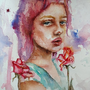 Portrait Painting, Original Artwork, Watercolor Painting, Rose Floral Painting, Gifts, Wall Art, Home Décor