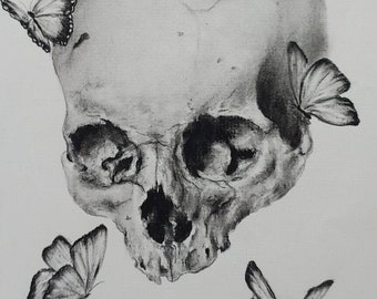 Original Charcoal Skull Butterfly Drawing, Graphite Skull Illustration, Dark Art