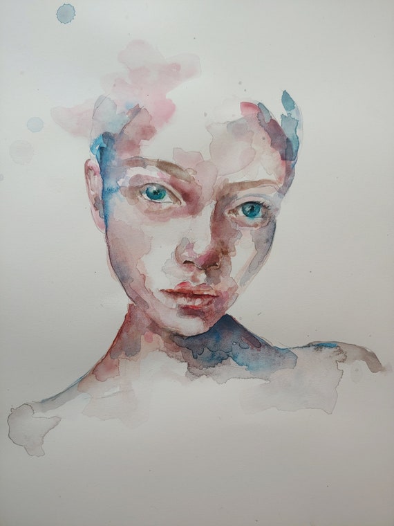Original Watercolor Portrait Painting: Pastel Surrealist