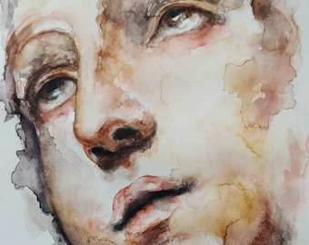 Puede incluir: Una pintura de acuarela de un rostro. El rostro está pintado en tonos marrones, con un fondo claro. Los ojos de la persona están cerrados y su boca está ligeramente abierta.