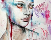 Original "Freedom" Surreal Watercolor Canvas Painting Abstract Geometric Portrait Mixed Media Wall Art