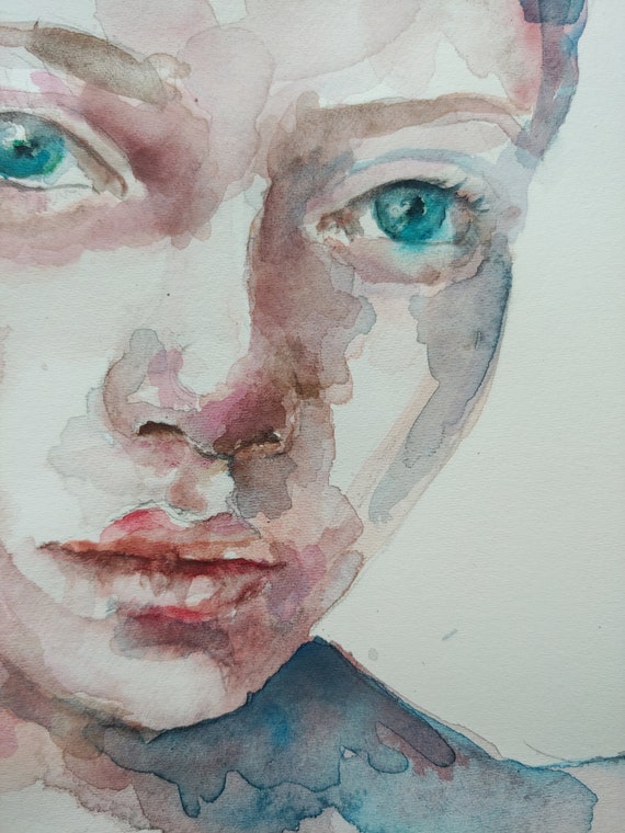 Original Watercolor Portrait Painting: Pastel Surrealist