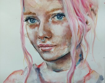Original Watercolor Painting, Pink Hair Fashion Illustration