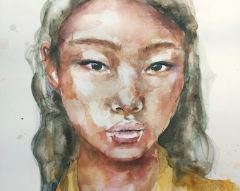 Original Watercolor Portrait Painting: Surrealist Wall Art