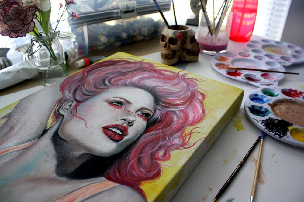 アンジェリーナ・ジョリーのオリジナル肖像画：ピンクヘアの