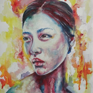 Acquerello originale "Lui's Sunrise" Ritratto surreale Tecnica mista Tela Pittura Wall Art
