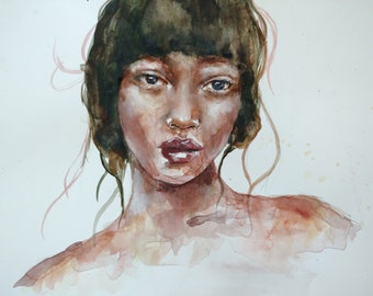 Puede incluir: Pintura al agua de una persona con cabello castaño y tez marrón claro. La persona está mirando directamente al espectador con una expresión neutral. La pintura está realizada en un estilo realista.