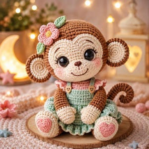 Blomma Baby Monkey Amigurumi Virkmönster, Blomkrona Plyschleksak (PDF)