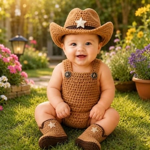 May include: A brown crocheted outfit consisting of a cowboy hat with a white star, a pair of overalls with star-shaped buttons, and matching booties with star accents. The set is crafted from textured yarn in a consistent tan-brown color.