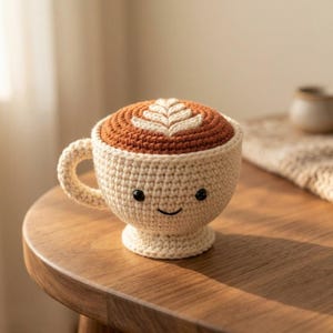Könnte beinhalten: Ein gehäkeltes Kaffeetassen-Spielzeug aus cremefarbenem Garn mit einem braunen Oberteil, das ein weißes, blattförmiges Latte-Art-Design aufweist. Die Tasse hat einen kleinen Henkel, einen Standfuß und ein gesticktes Gesicht mit zwei schwarzen Augen.