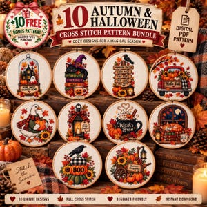Op de afbeelding: Een digitaal PDF-pakket met 10 kruissteekpatronen voor herfst en Halloween, met seizoensgebonden motieven zoals pompoenen, een zwarte kat, een heksendrankje, een vrachtwagen en een gans, gepresenteerd in ronde borduurringen.