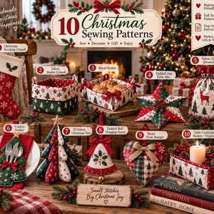May include: A collection of 10 Christmas sewing patterns featuring a lined stocking, fabric basket, bread basket, star table mat, drawstring gift bag, cutlery holder, 3D fabric tree, bell hanging decor, heart door hanger, and centerpiece basket.