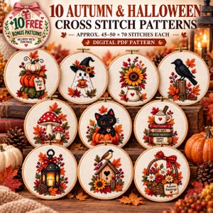 May include: A collection of 10 circular cross stitch patterns featuring autumn and Halloween themes, including pumpkins, a ghost, sunflowers, a crow, mushrooms, a black cat, books, a lantern, a birdhouse, and a flower basket, in a digital PDF format.