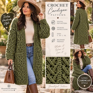 May include: A long olive green crochet cardigan featuring a textured cable knit pattern, long sleeves, and two front pockets. The image includes text for a digital PDF pattern, sizing from S to XL, and a close-up view of the yarn stitch detail.