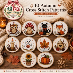 Herbstliches Kreuzstichmuster-Set, 10 einfache Herbstmotive, Kreuzstich-Anleitung für Anfänger (PDF), 60x60 Kürbis-, Geister- und Pilzmotive