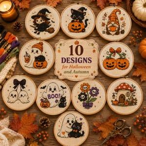 May include: Ten circular embroidery hoops featuring Halloween and autumn cross-stitch patterns, including ghosts, pumpkins, a black cat, and a mushroom house. A central sign reads 10 DESIGNS for Halloween and Autumn, surrounded by fall leaves.