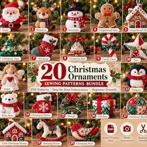 May include: A collection of 20 felt Christmas ornaments including Santa, reindeer, snowman, gingerbread man, house, tree, stocking, bell, candy cane, star, angel, penguin, polar bear, mitten, wreath, gift box, bauble, house, horse, and bird.