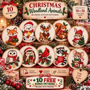 Puede incluir: Una colección de 10 patrones de punto de cruz con animales del bosque navideños en bastidores de madera. Los diseños incluyen un zorro, oso, ciervo, ardilla, conejo, búho, erizo, cardenal, mapache y ratón con detalles festivos.
