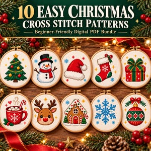 May include: A digital bundle of 10 easy Christmas cross stitch patterns featuring a tree, snowman, Santa hat, stocking, gift, cocoa mug, reindeer, gingerbread house, snowflake, and ornament, each displayed in a circular wooden embroidery hoop.